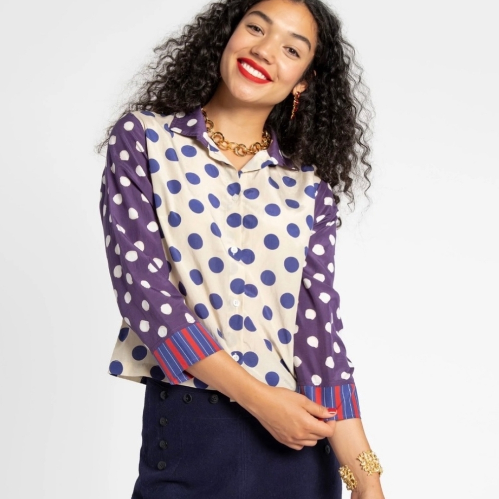 Frances Valentine Cream and Purple Polka Dot Button-Up Blouse